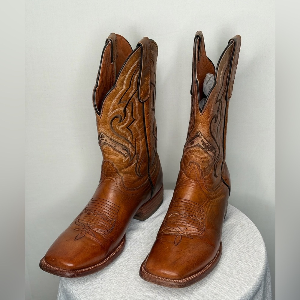 Texas Country Men’s size US 7 MX 26 Brown Leather Western Boots Square Toe(B81)✨